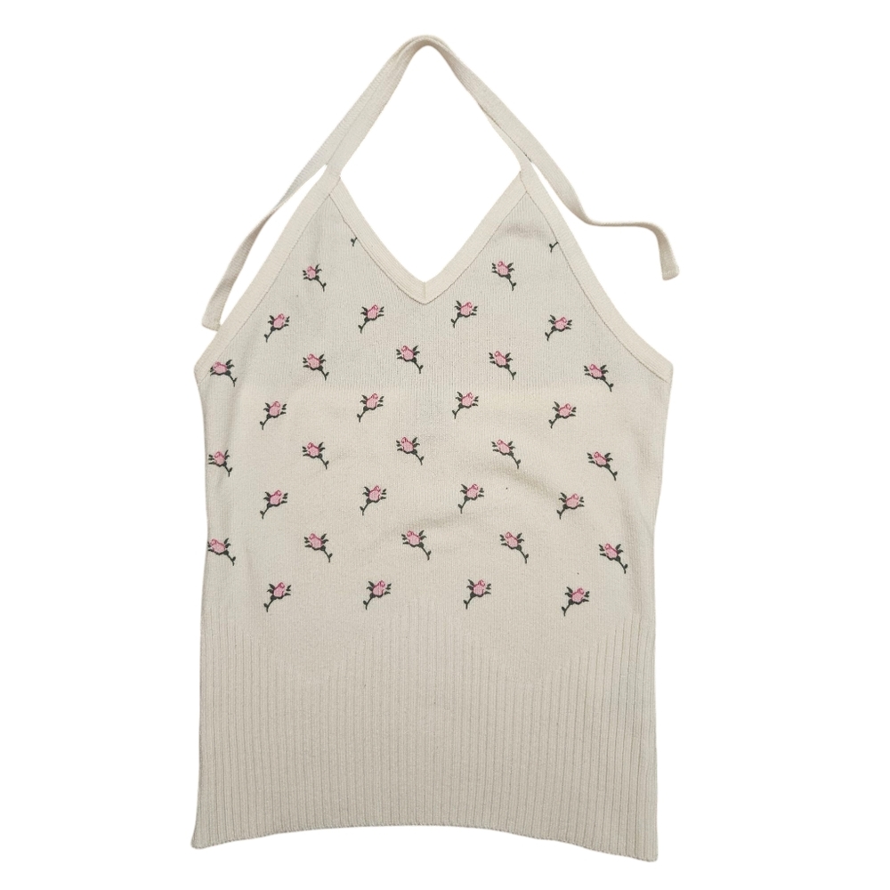 Beige Cream Pink Roses Floral Halter Camisole Vintage Knitted Tank Top Wool